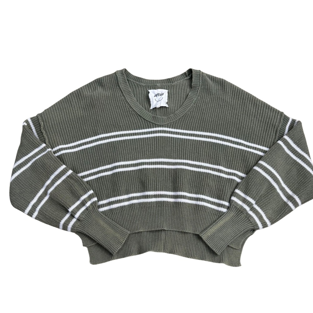 Aerie Striped V-Neck Knit Sweater Women XS Green Relaxed Cropped